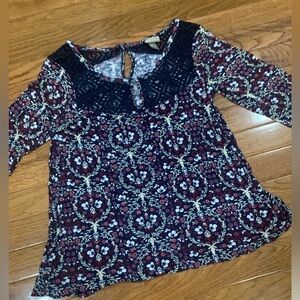 CAPE Juby Crochet Floral Blouse Blue Tassel Tie Long Sleeve Peasant Top size S